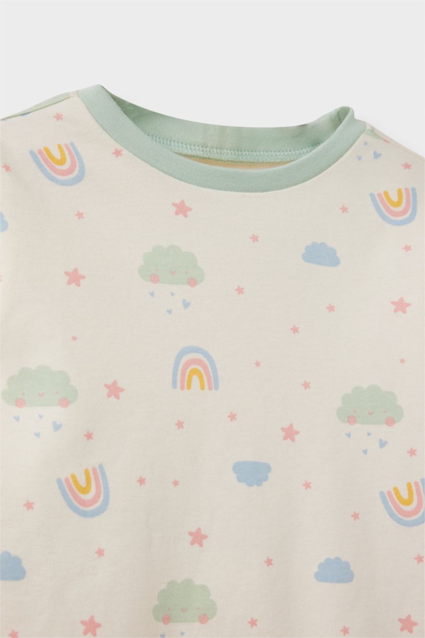 طفلة صغيرة بيج فاتح طقم بيجاما بناتي قصة عادية بطبعة قوس قزح - 4 قطع