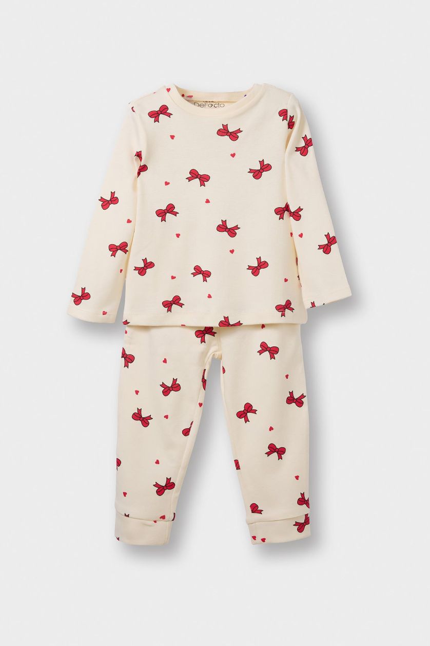 Kız Bebek Ekru %100 Pamuklu Fiyonk Desenli Beli Lastikli Pijama Takımı Kız Bebek