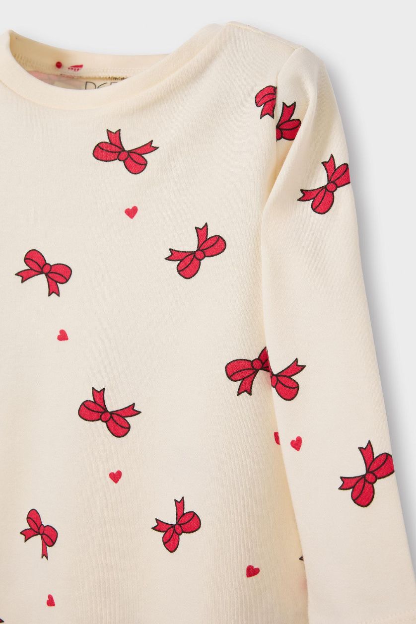 Kız Bebek Ekru %100 Pamuklu Fiyonk Desenli Beli Lastikli Pijama Takımı Kız Bebek