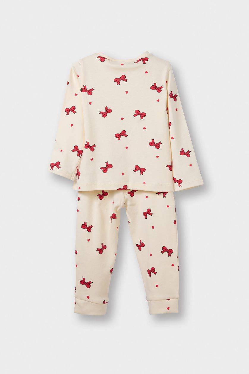 Kız Bebek Ekru %100 Pamuklu Fiyonk Desenli Beli Lastikli Pijama Takımı Kız Bebek