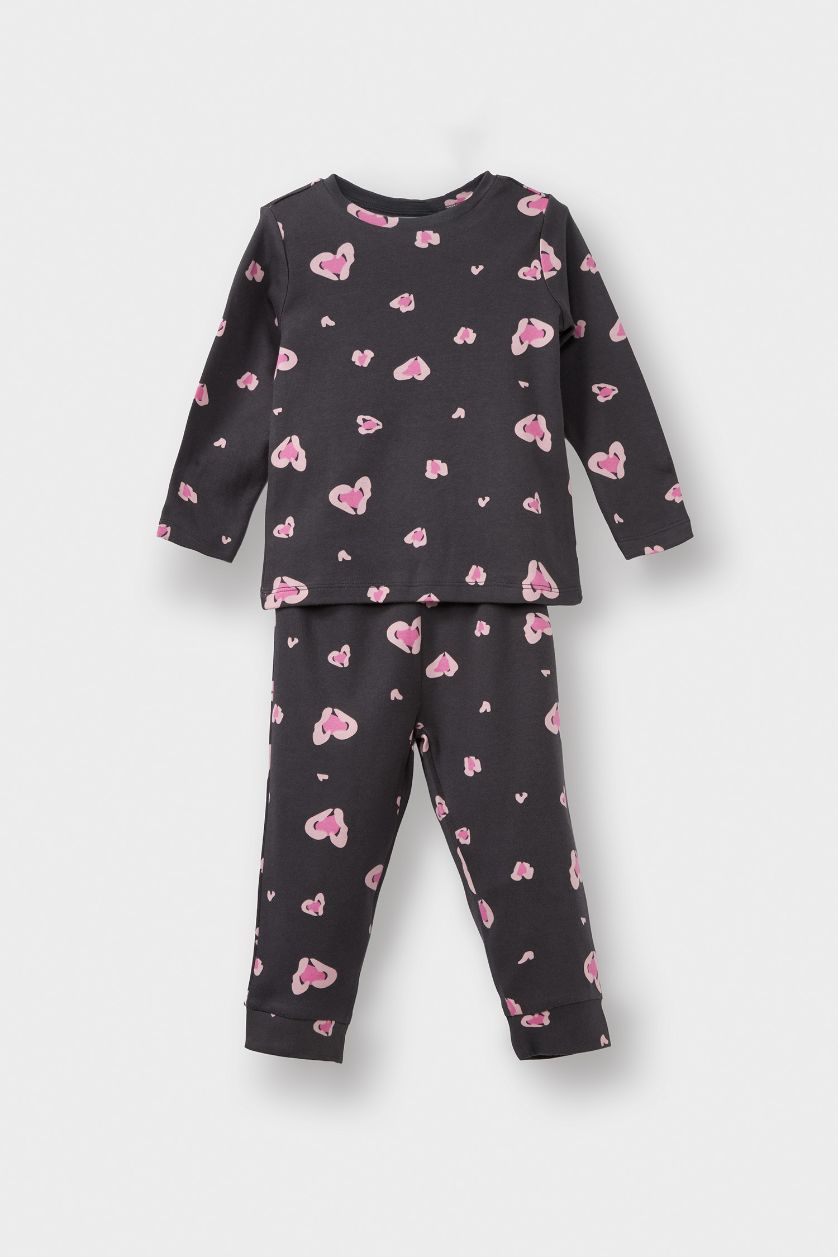 Kız Bebek Gri %100 Pamuklu Kalp Desenli Beli Lastikli Pijama Takımı Kız Bebek