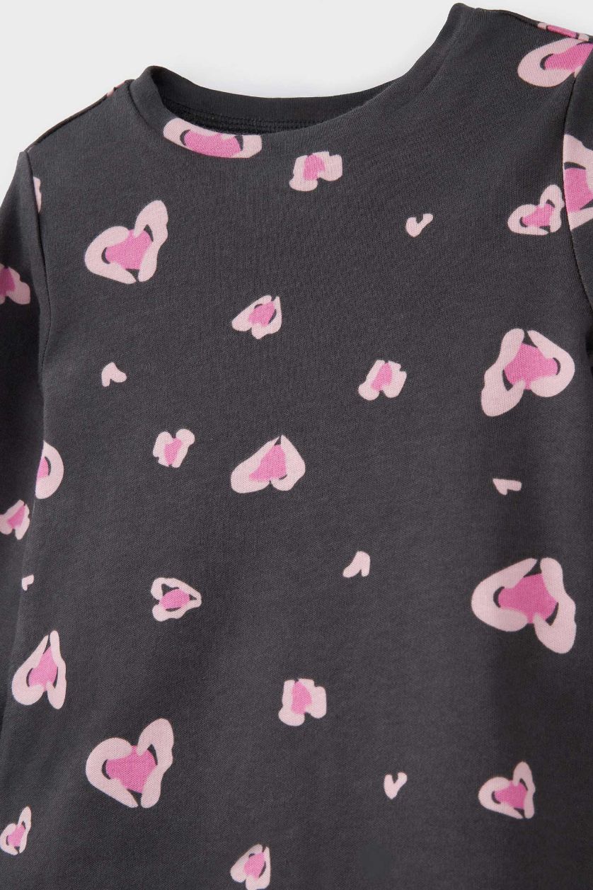 Kız Bebek Gri %100 Pamuklu Kalp Desenli Beli Lastikli Pijama Takımı Kız Bebek