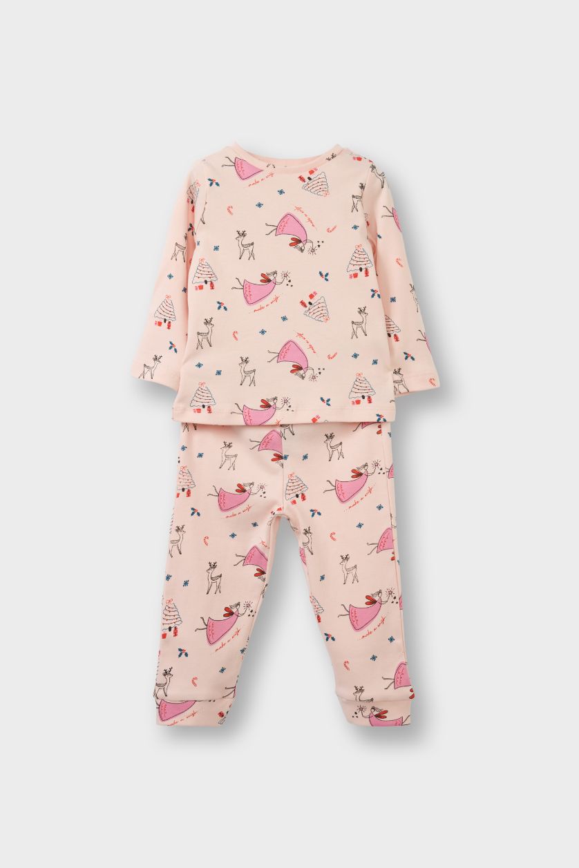 Kız Bebek Pembe %100 Pamuklu Desenli Beli Lastikli Pijama Takımı Kız Bebek