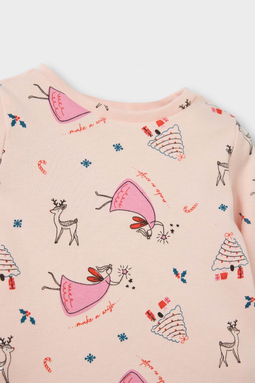 Kız Bebek Pembe %100 Pamuklu Desenli Beli Lastikli Pijama Takımı Kız Bebek