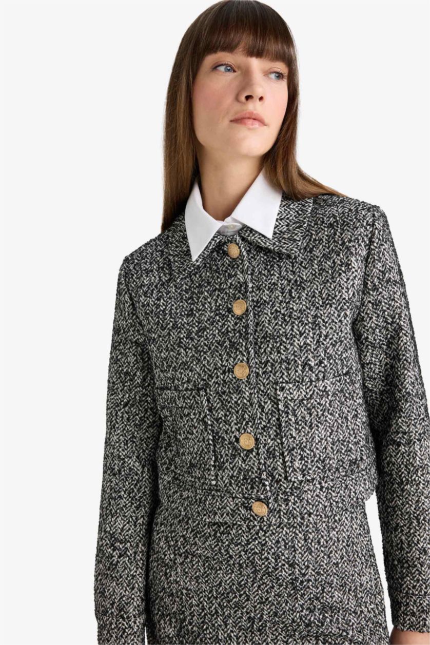 FEMME Noir Blazer tweed courte à col rond