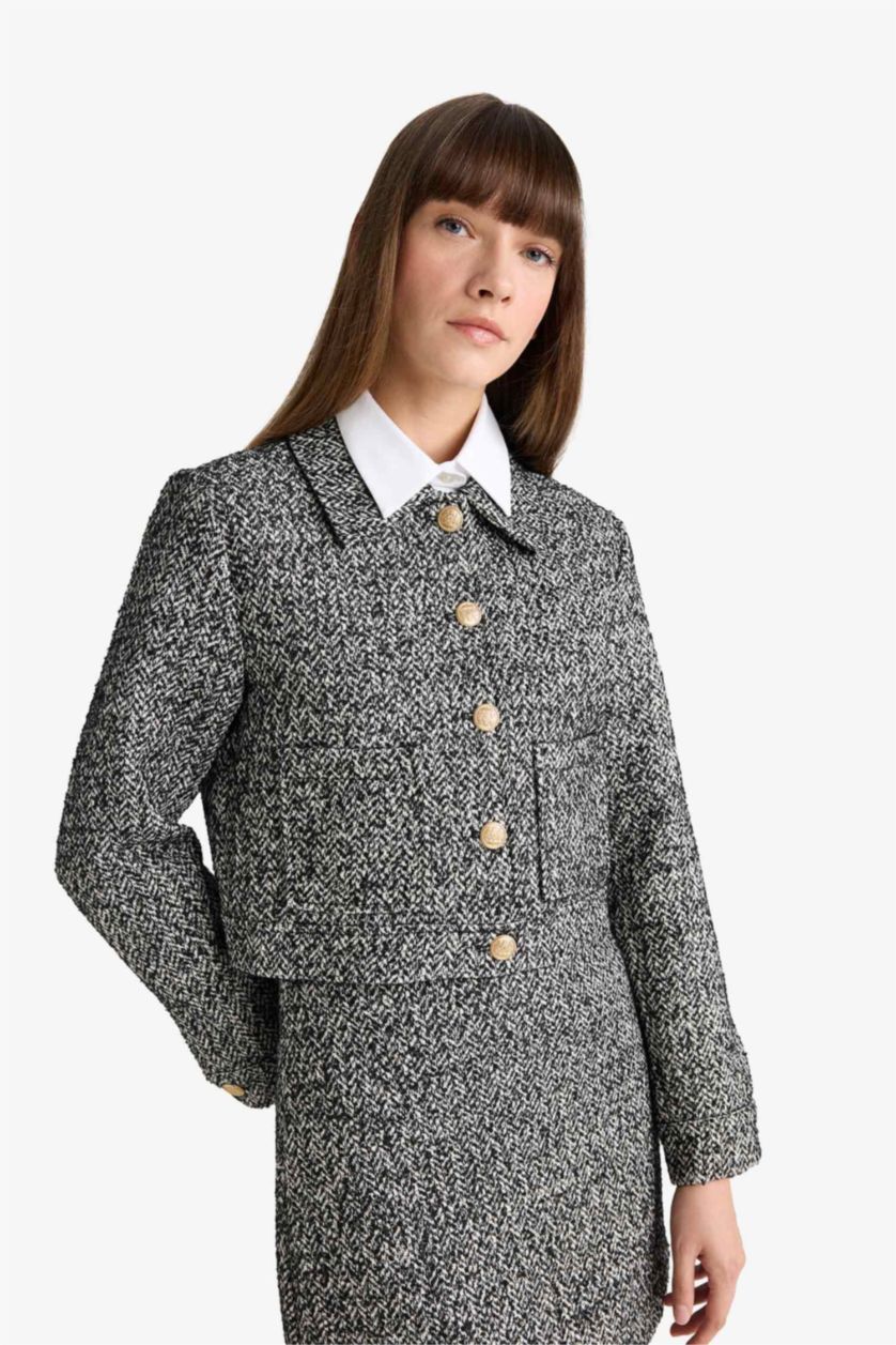 FEMME Noir Blazer tweed courte à col rond