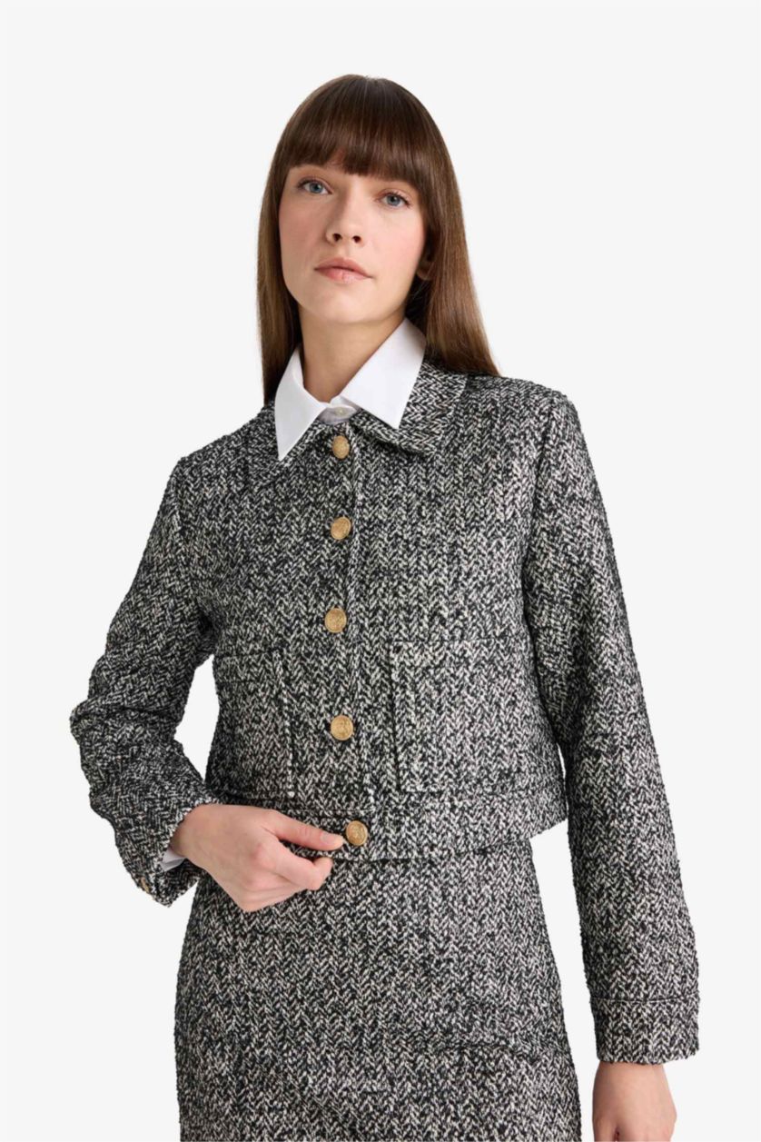 FEMME Noir Blazer tweed courte à col rond