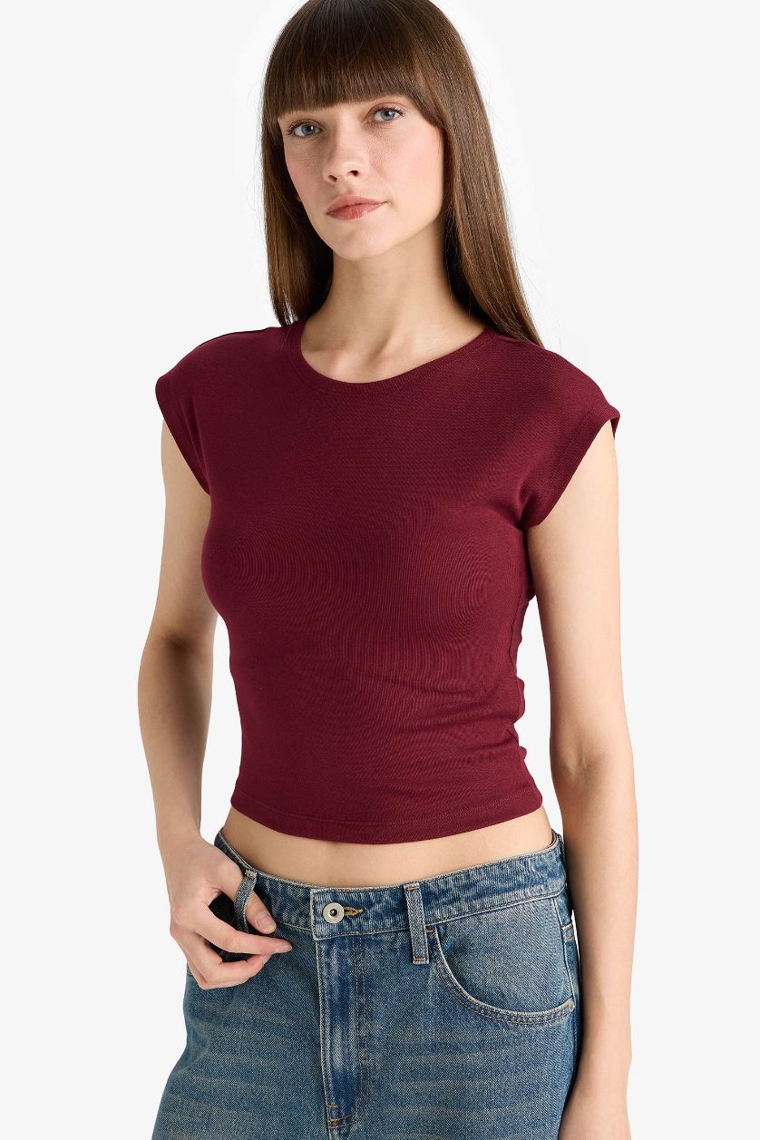 نساء خمري تيشيرت نص ردن بيزك سادة سليم فيت برقبة مستديرة