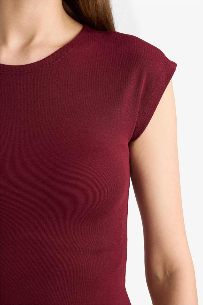 نساء خمري تيشيرت نص ردن بيزك سادة سليم فيت برقبة مستديرة