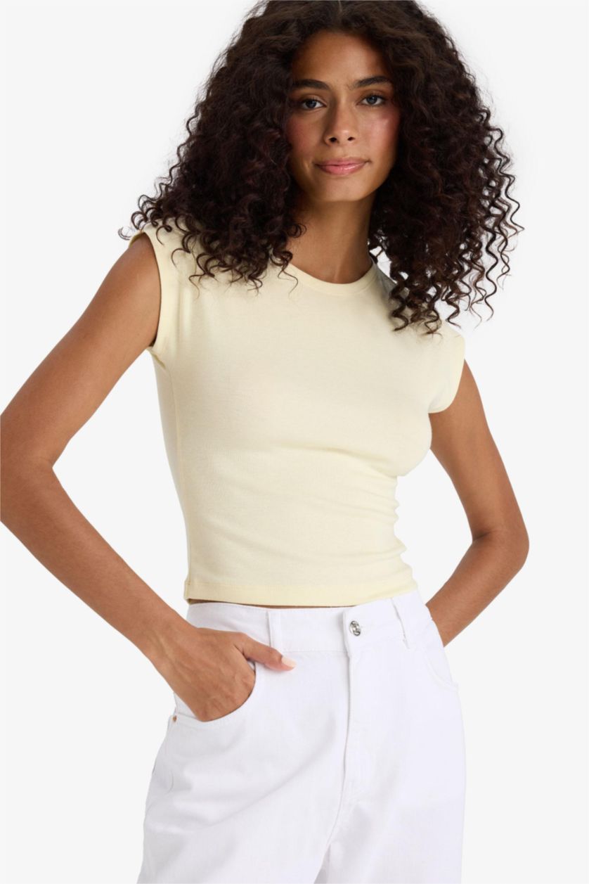 WOMAN Light Yellow Slim Fit modal Short Sleeve T-Shirt