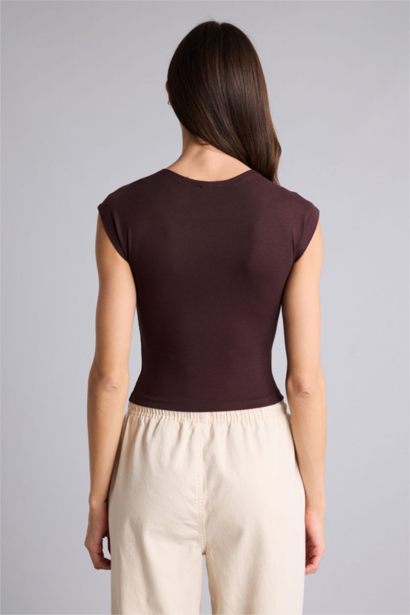 Kadın Kahve Slım Fıt Basıc Modal Tişört