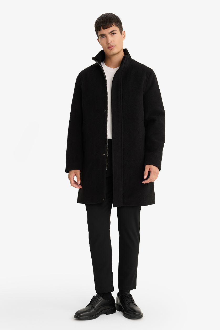 Erkek Siyah Regular Fit Dik Yaka Cepli Fermuarlı Astarlı Kaşe Parka