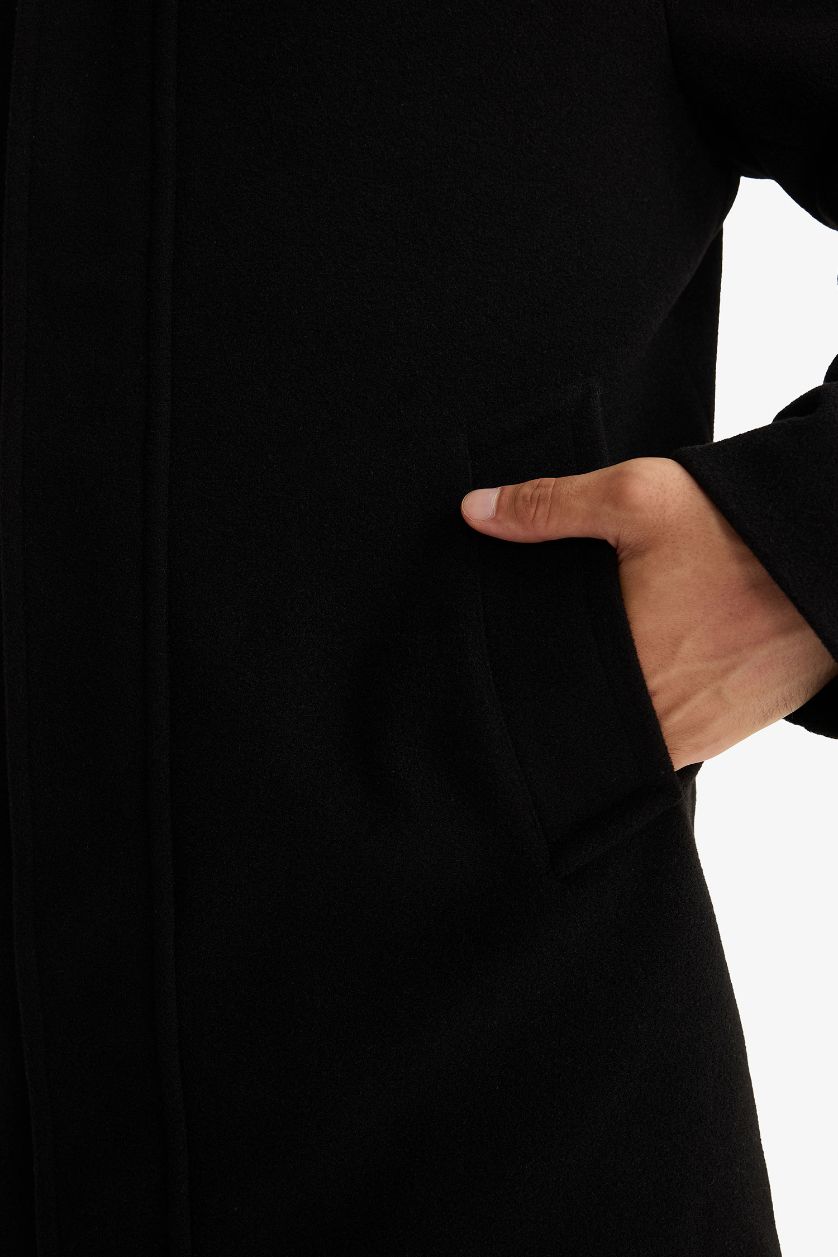 Erkek Siyah Regular Fit Dik Yaka Cepli Fermuarlı Astarlı Kaşe Parka