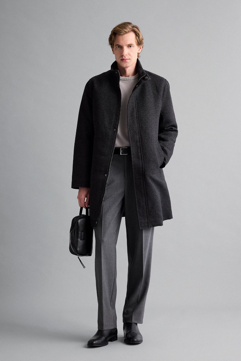 Man Anthracite Melange Regular Fit Stand Collar Pocketed Zippered Lined Cachet Coat