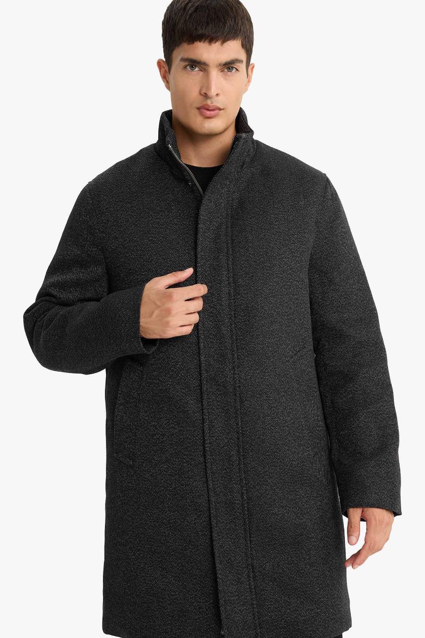 Man Anthracite Melange Regular Fit Stand Collar Pocketed Zippered Lined Cachet Coat