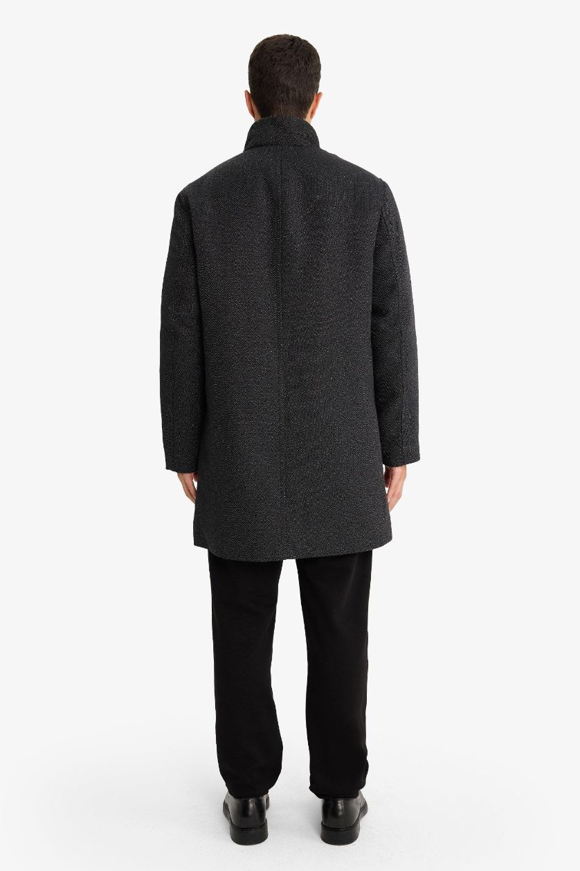 Man Anthracite Melange Regular Fit Stand Collar Pocketed Zippered Lined Cachet Coat
