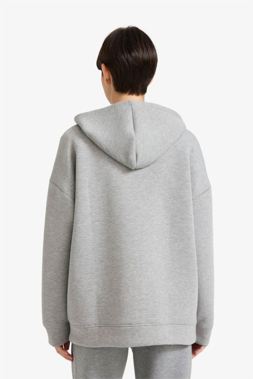 WOMAN Grey Melange Oversize Fit Hooded Scuba Fabric Cardigan