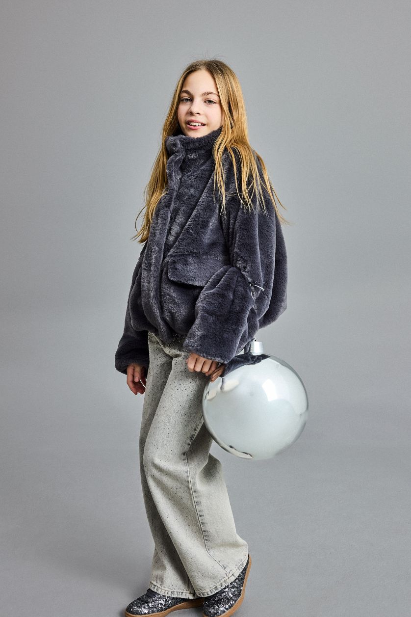 بنات أنثرا غامق جاكيت بومبر بنات من فرو صناعي بجيوب