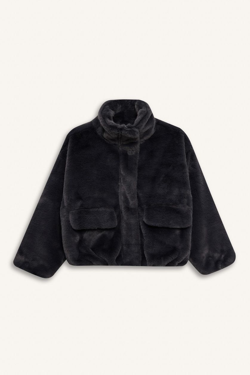 بنات أنثرا غامق جاكيت بومبر بنات من فرو صناعي بجيوب