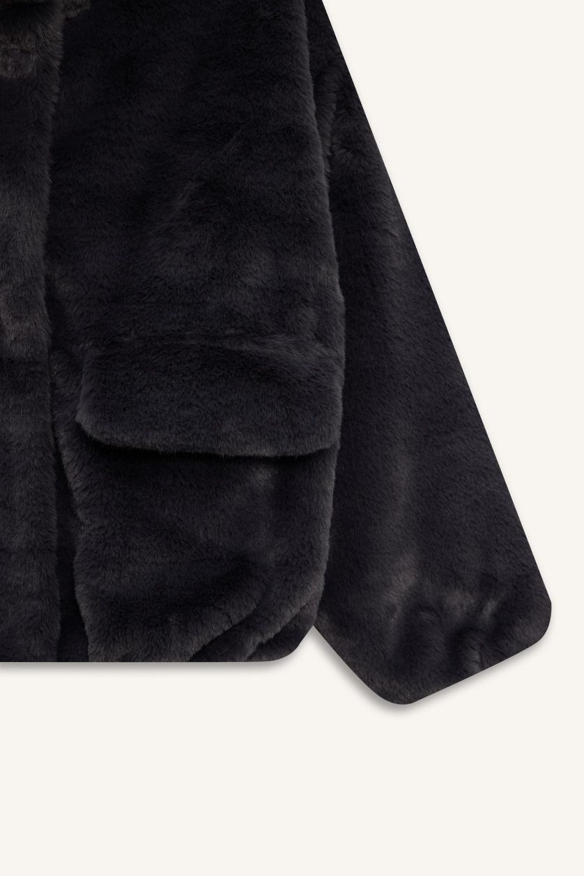 بنات أنثرا غامق جاكيت بومبر بنات من فرو صناعي بجيوب