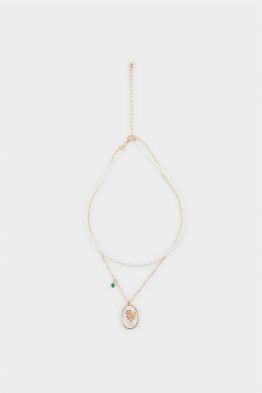 WOMAN GOLD Woman White Stone Rose Detail Pearl Gold Necklace