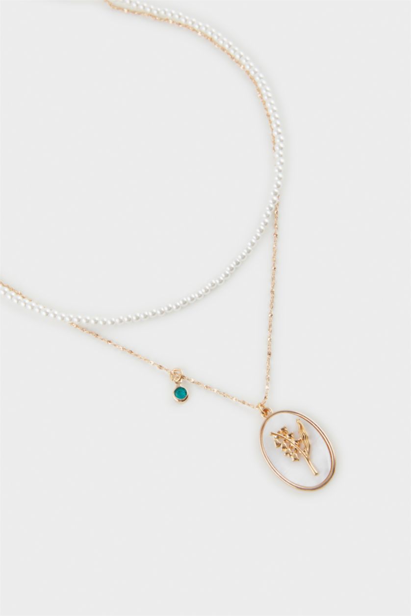 WOMAN GOLD Woman White Stone Rose Detail Pearl Gold Necklace