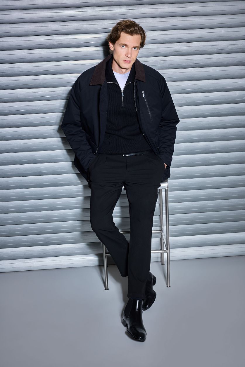 MAN NAVY Regular Fit Polo Neck Velvet Collar Zippered Lined Jacket