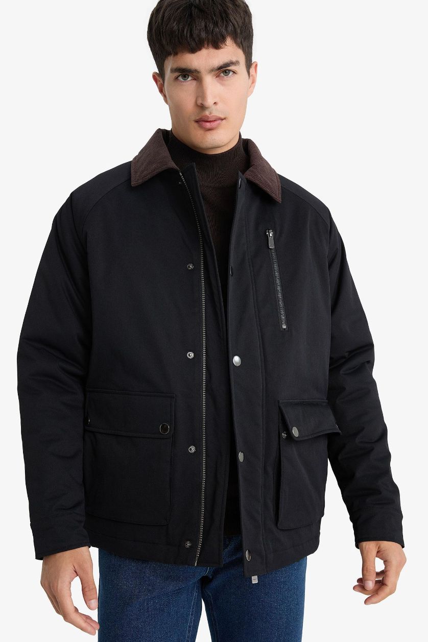 MAN NAVY Regular Fit Polo Neck Velvet Collar Zippered Lined Jacket