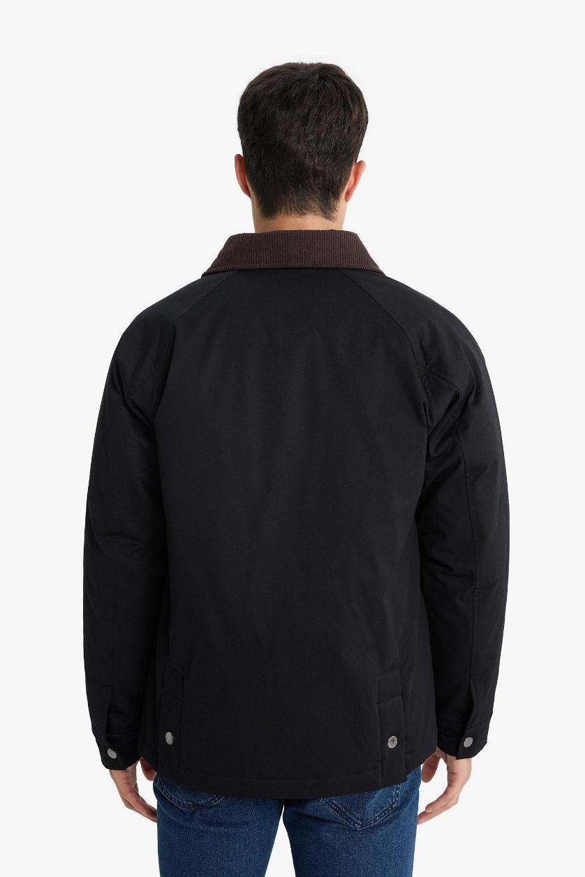 MAN NAVY Regular Fit Polo Neck Velvet Collar Zippered Lined Jacket