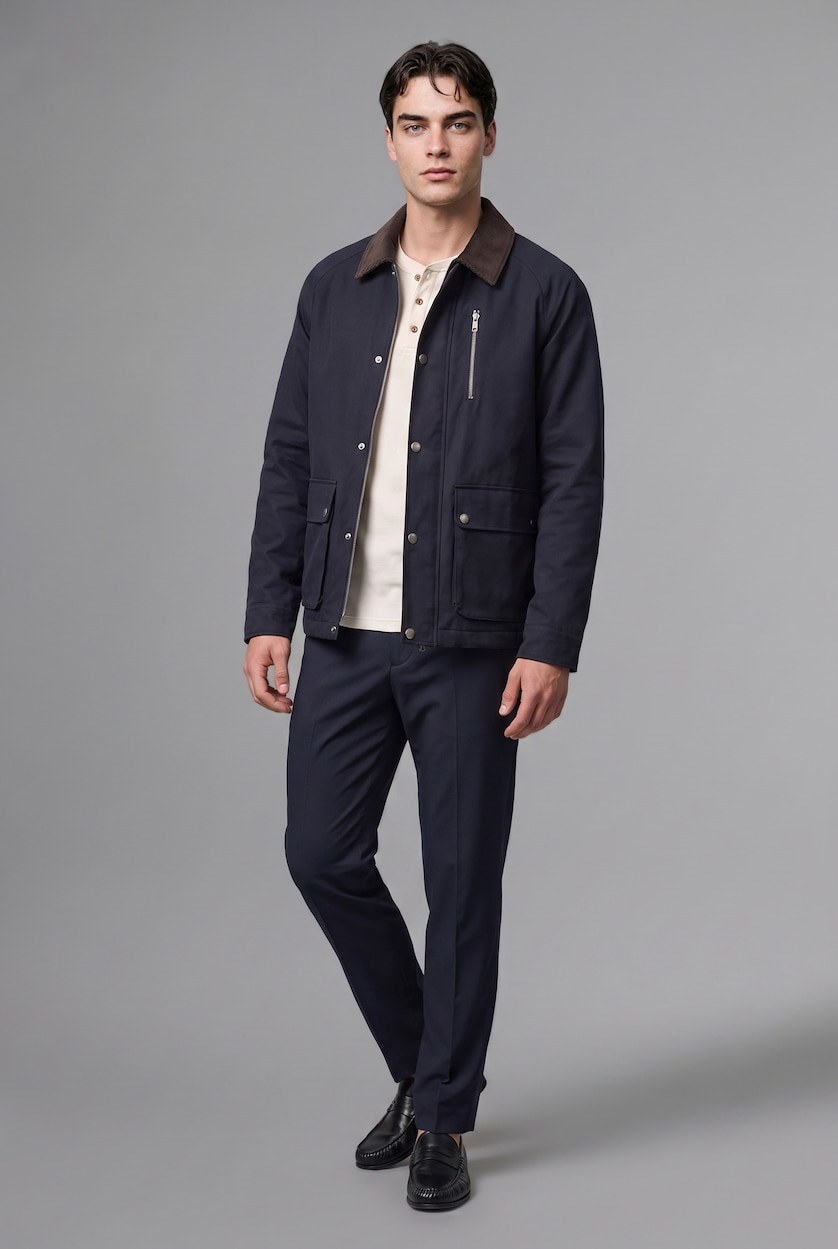 Erkek Lacivert Regular Fit Polo Kadife Yaka Fermuarlı Astarlı Mont