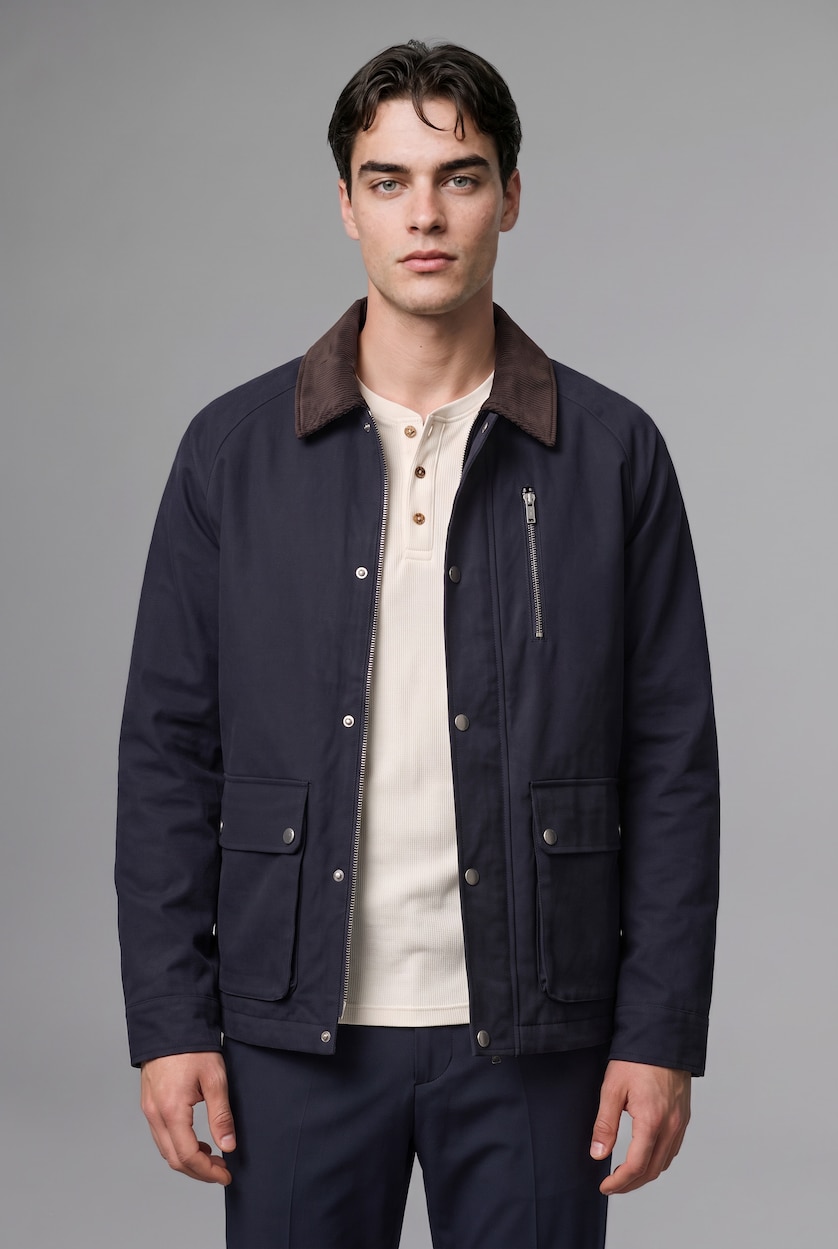 Erkek Lacivert Regular Fit Polo Kadife Yaka Fermuarlı Astarlı Mont