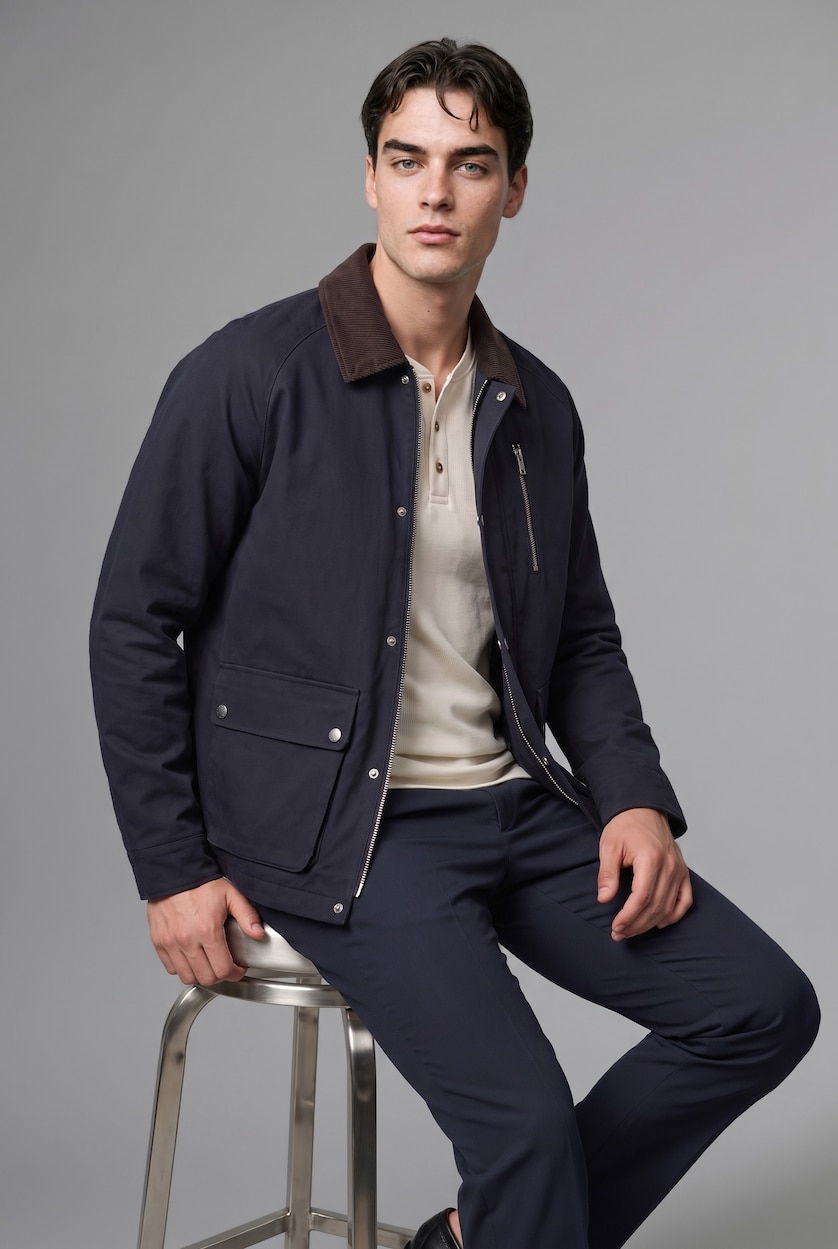 Erkek Lacivert Regular Fit Polo Kadife Yaka Fermuarlı Astarlı Mont