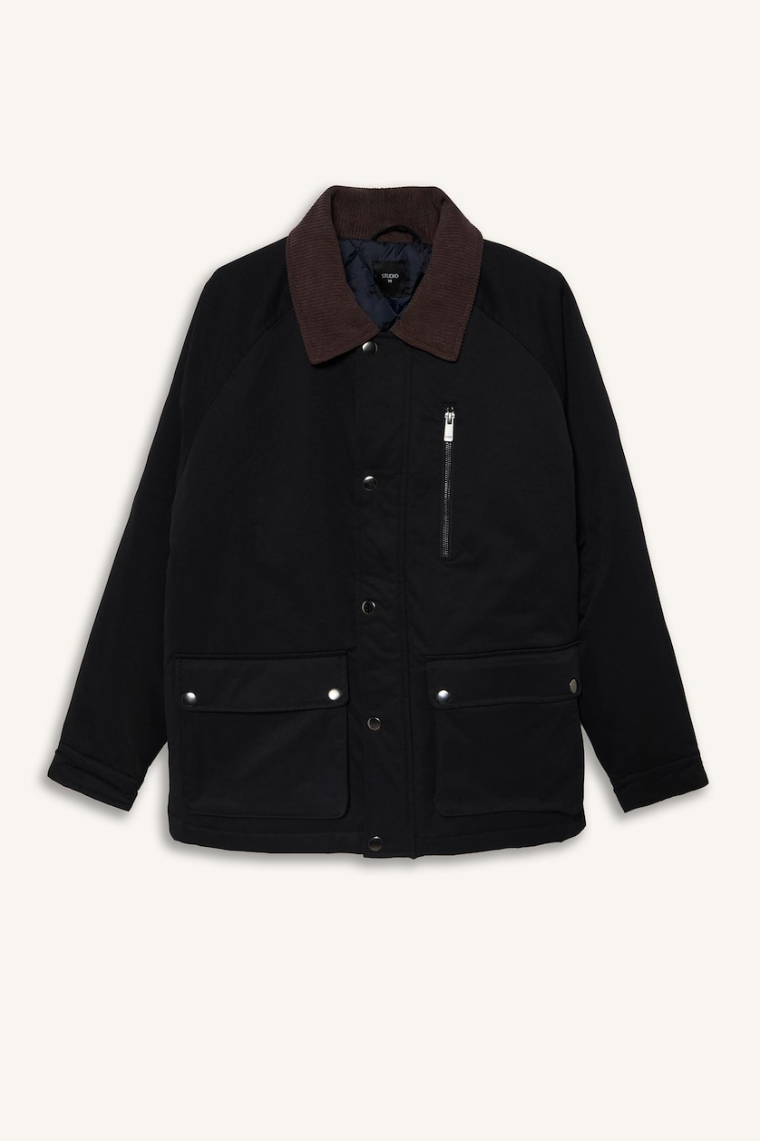 Erkek Lacivert Regular Fit Polo Kadife Yaka Fermuarlı Astarlı Mont