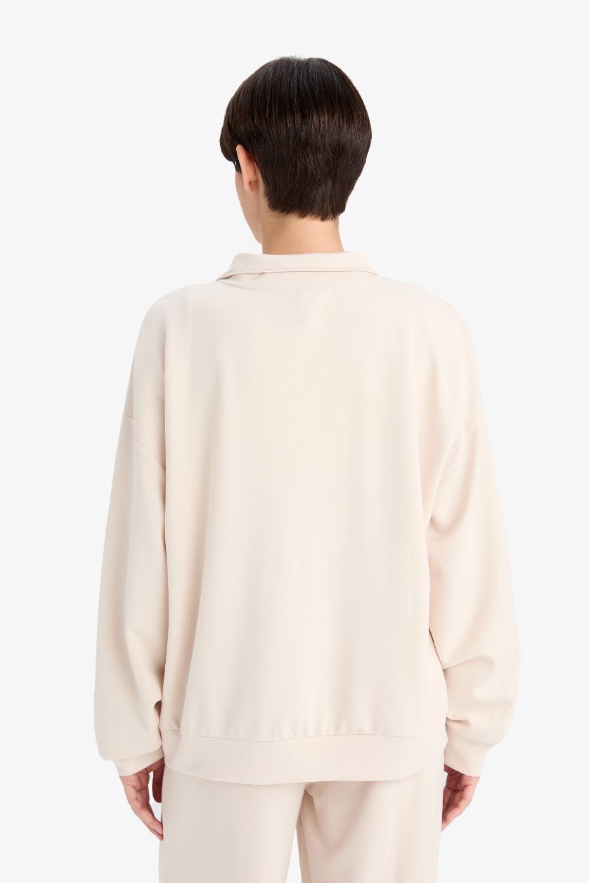 Kadın Açık Taş Relax Fit Yarım Balıkçı Yaka Fermuarlı Modal Sweatshirt