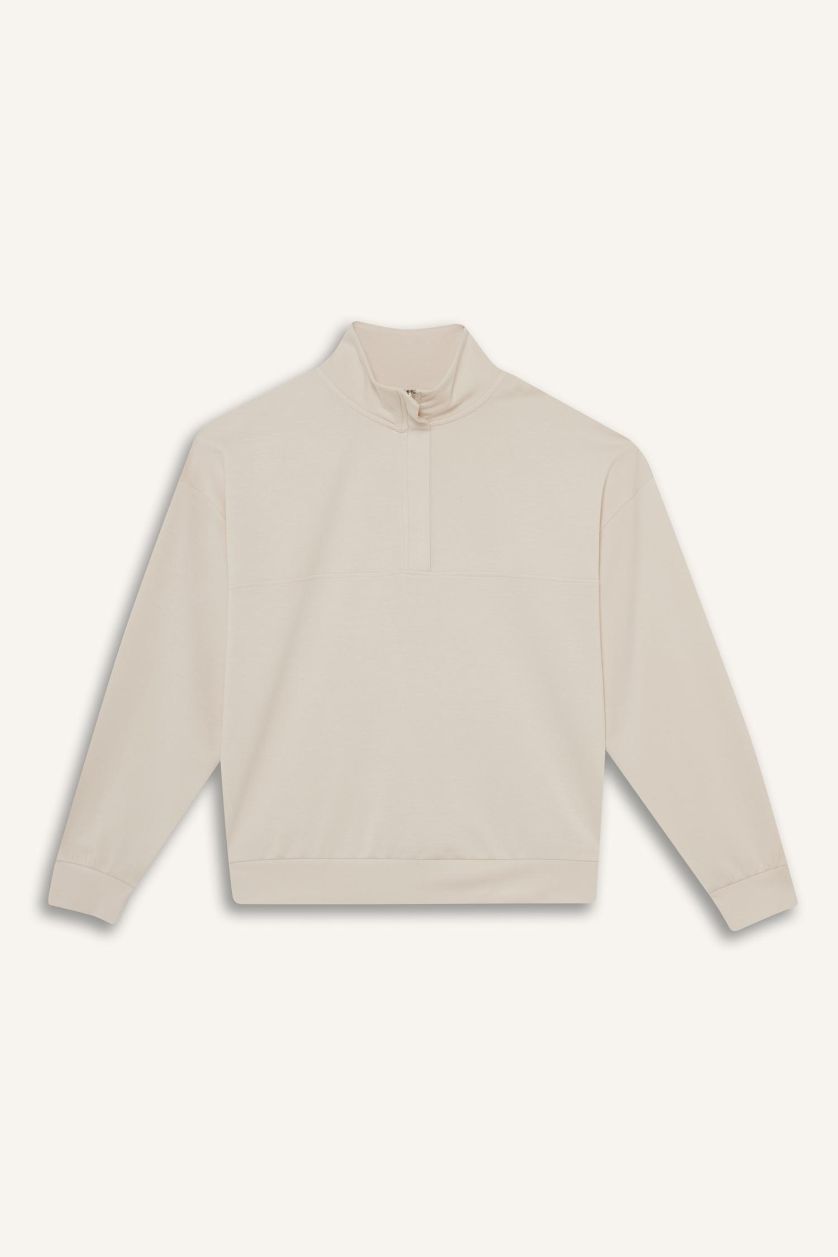 Kadın Açık Taş Relax Fit Yarım Balıkçı Yaka Fermuarlı Modal Sweatshirt