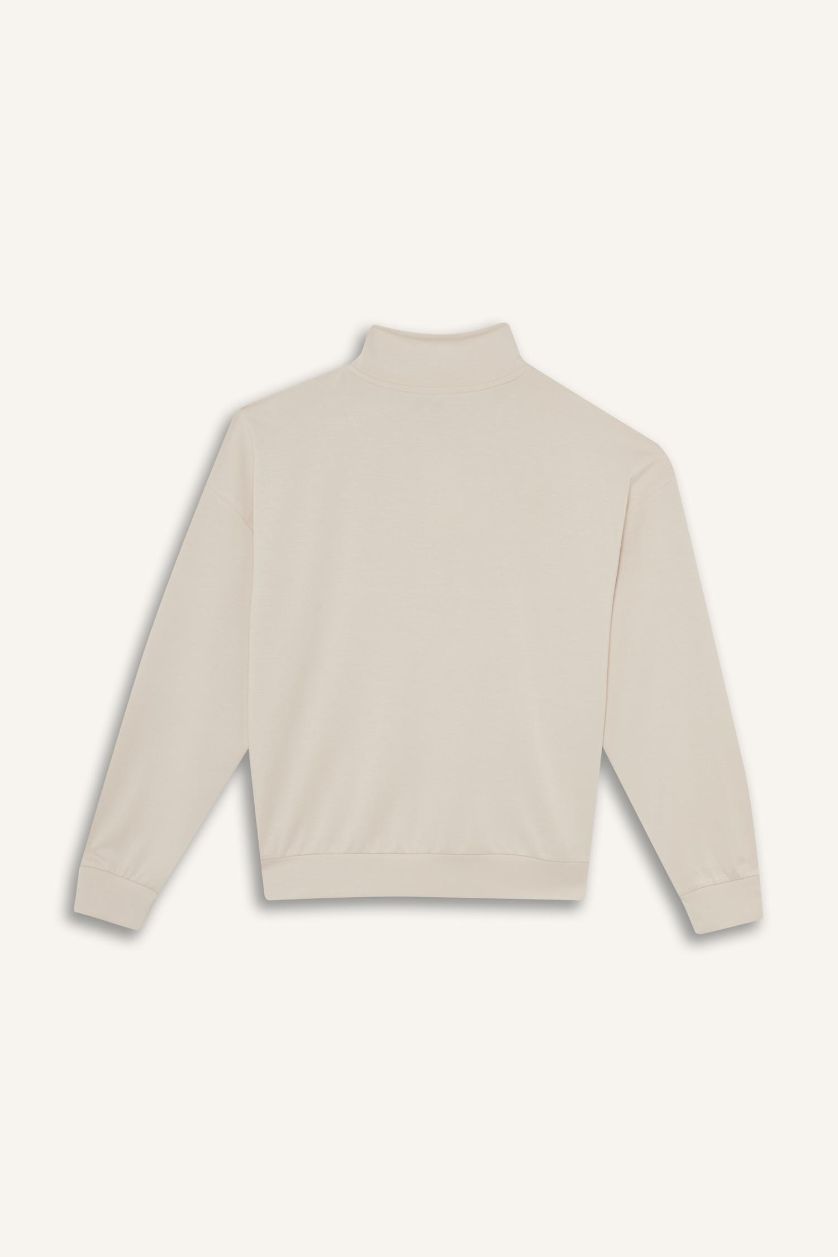 Kadın Açık Taş Relax Fit Yarım Balıkçı Yaka Fermuarlı Modal Sweatshirt