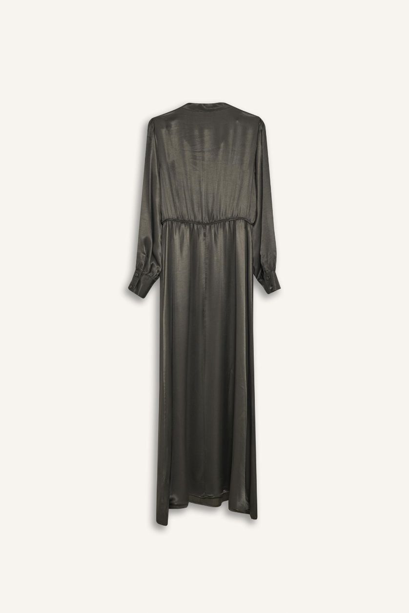 Kadın Koyu Kahve Regular Fit Fiyonk Yaka Saten Uzun Kollu Midi Elbise