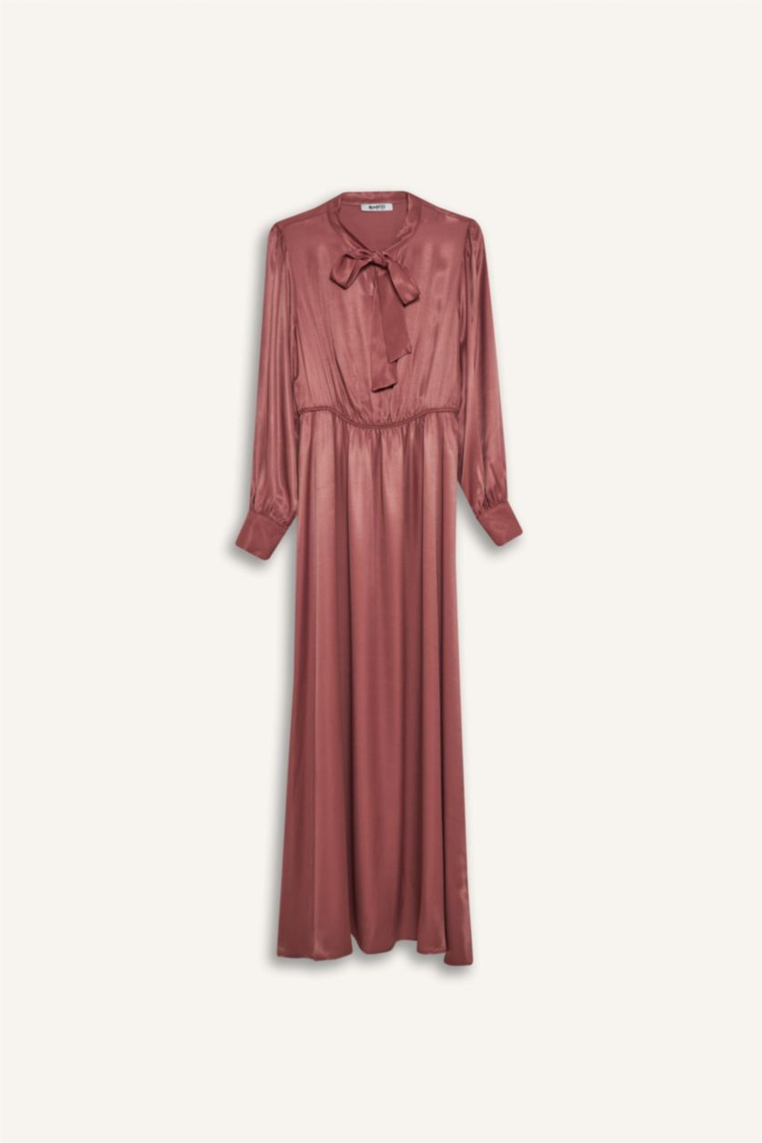 Kadın Koyu Gülkurusu Regular Fit Fiyonk Yaka Saten Uzun Kollu Midi Elbise