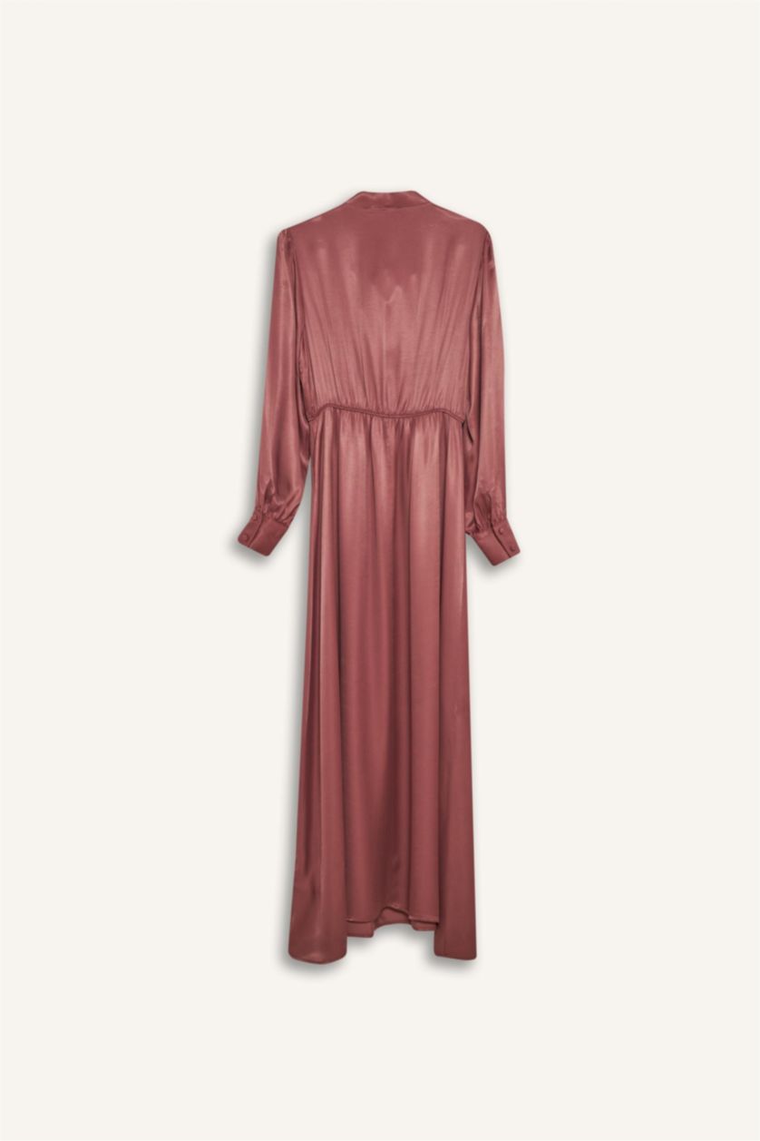 Kadın Koyu Gülkurusu Regular Fit Fiyonk Yaka Saten Uzun Kollu Midi Elbise