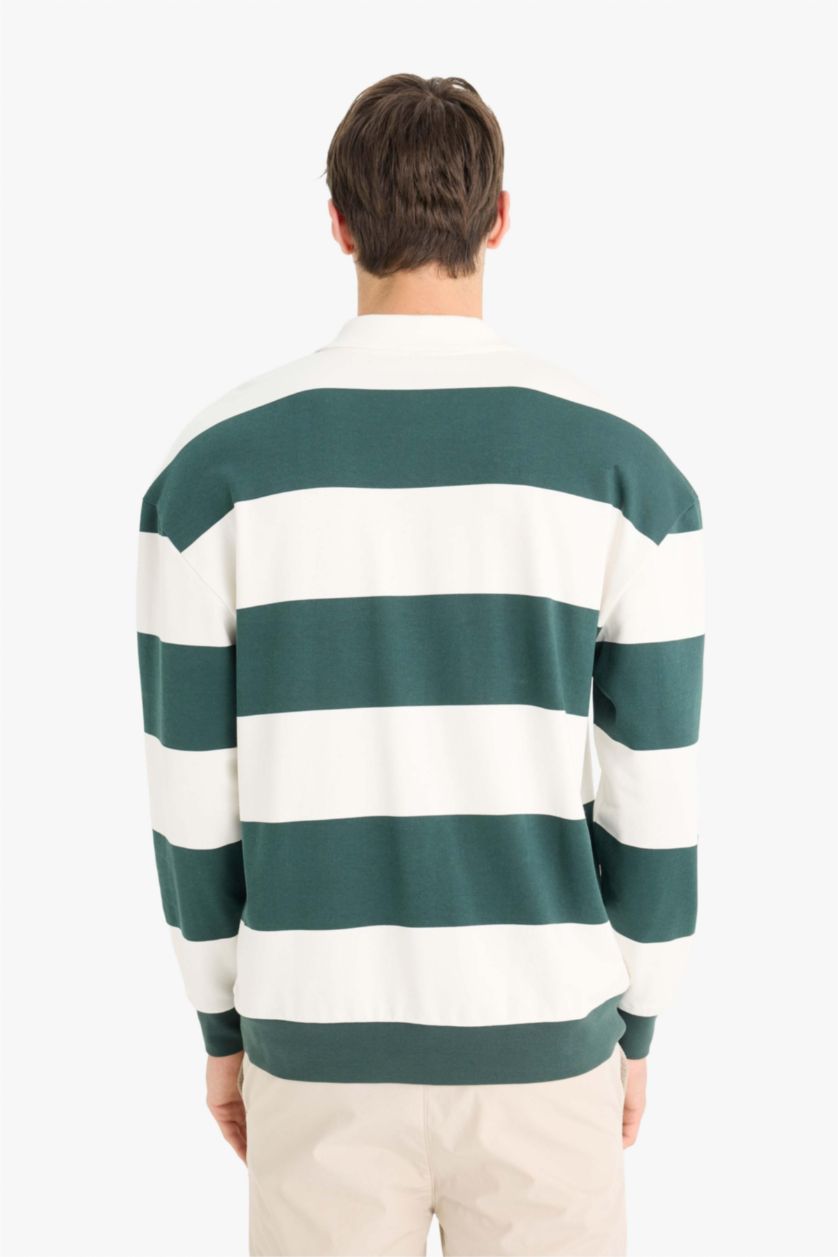 Ерлер Қою жасыл бокси фит жолақ поло жаға Свитер