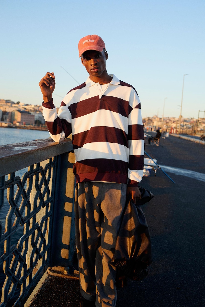 MAN Dark Bordeaux Boxy Fit Striped Polo Collar Sweatshirt