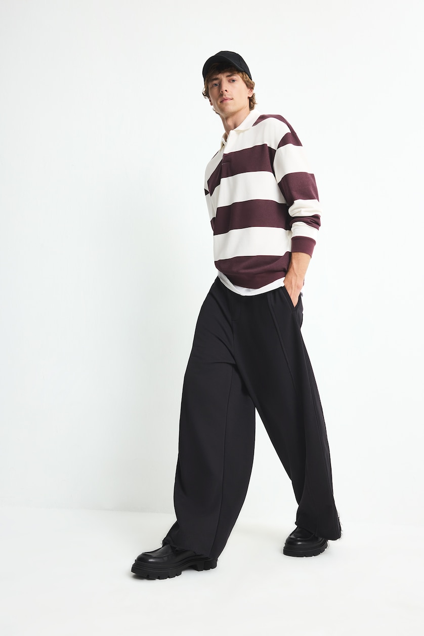 MAN Dark Bordeaux Boxy Fit Striped Polo Collar Sweatshirt