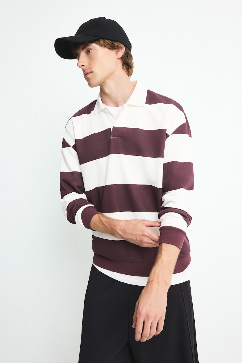 MAN Dark Bordeaux Boxy Fit Striped Polo Collar Sweatshirt