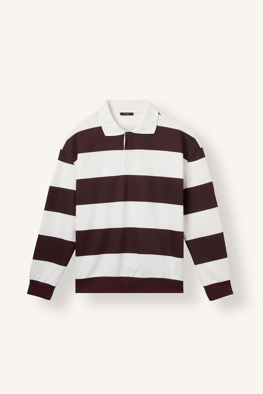 MAN Dark Bordeaux Boxy Fit Striped Polo Collar Sweatshirt