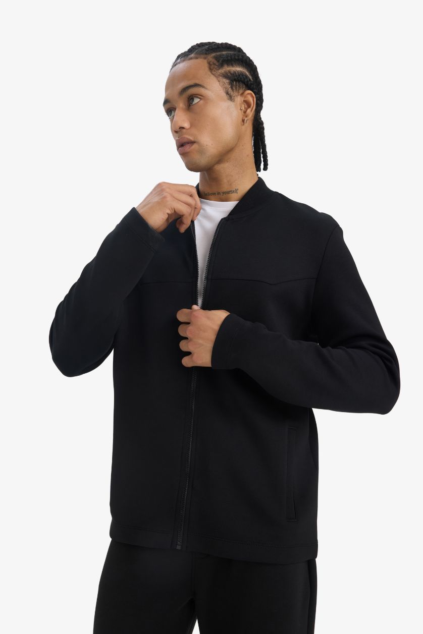 Erkek Siyah Slim Fit Dar Kesim Kolej Yaka Skuba Dalgıç Kumaş Bomber Hırka