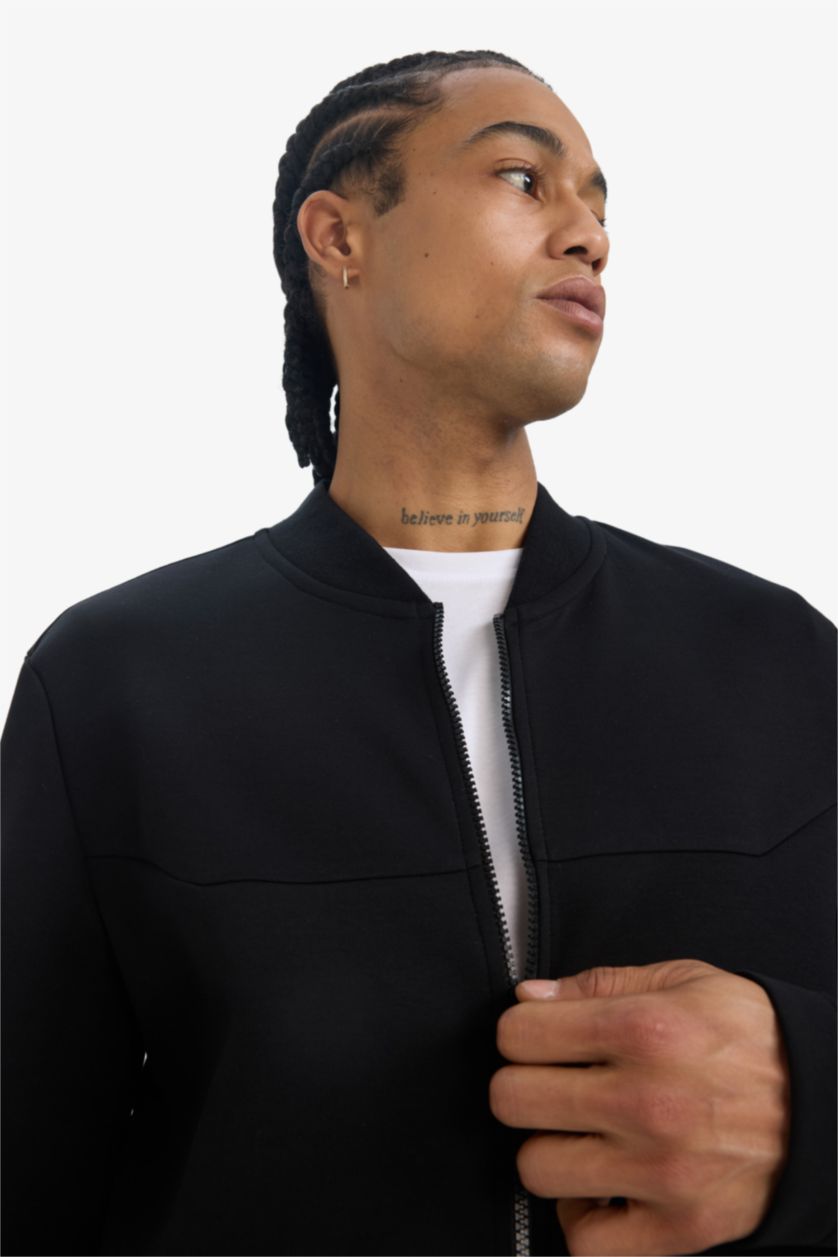 Erkek Siyah Slim Fit Dar Kesim Kolej Yaka Skuba Dalgıç Kumaş Bomber Hırka