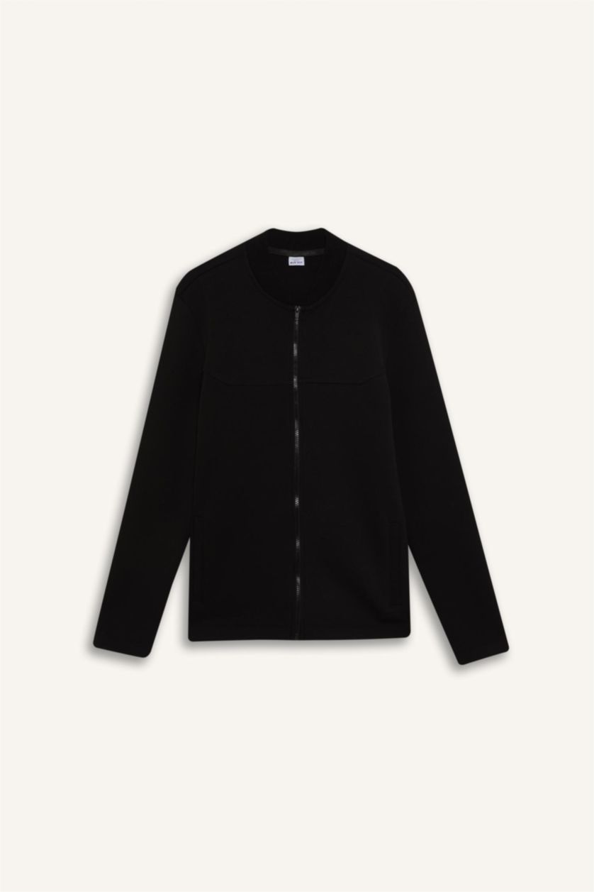 Erkek Siyah Slim Fit Dar Kesim Kolej Yaka Skuba Dalgıç Kumaş Bomber Hırka