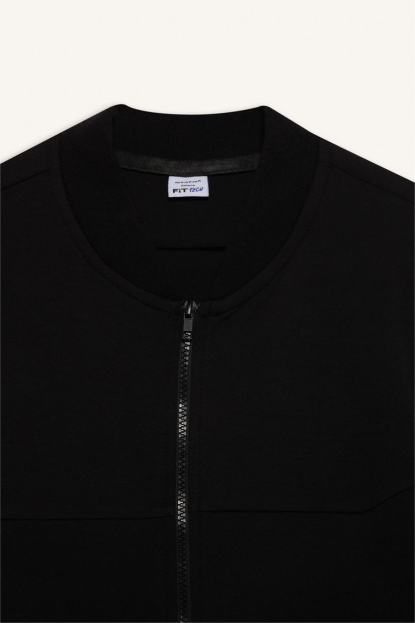 Erkek Siyah Slim Fit Dar Kesim Kolej Yaka Skuba Dalgıç Kumaş Bomber Hırka