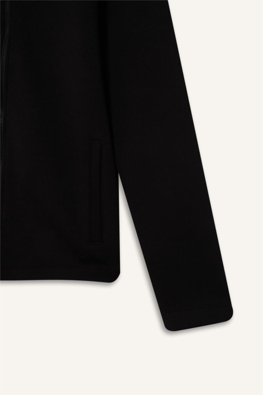 Erkek Siyah Slim Fit Dar Kesim Kolej Yaka Skuba Dalgıç Kumaş Bomber Hırka