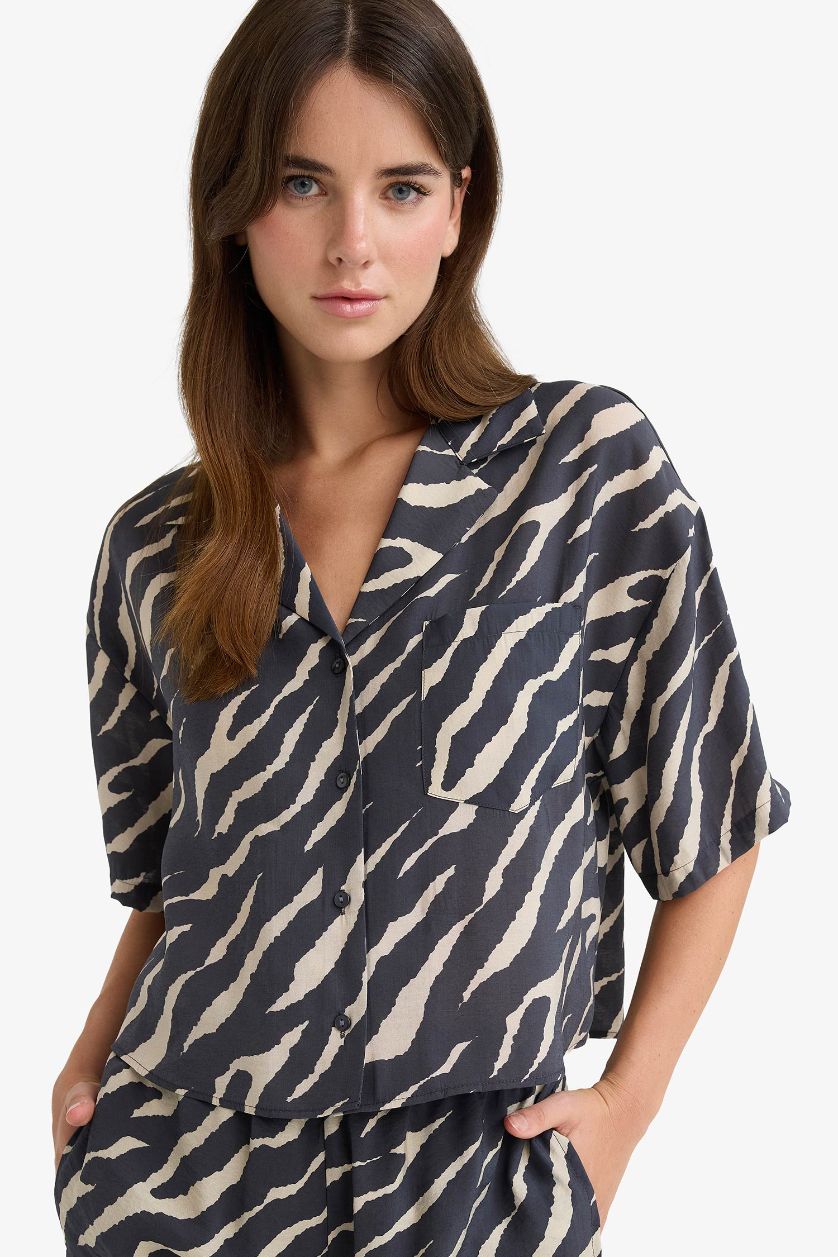 WOMAN Black Loose Fit Zebra Patterned Modal Shirt